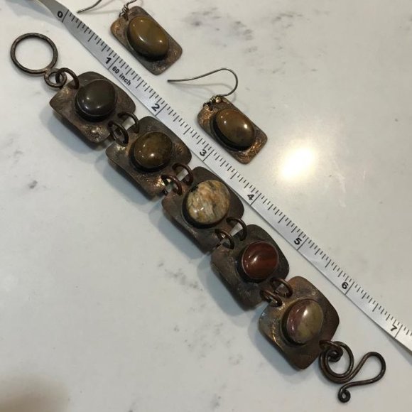 Copper Panel Bracelet  & Earrings Set with Natural Stone Cabochons - Picture 7 of 7